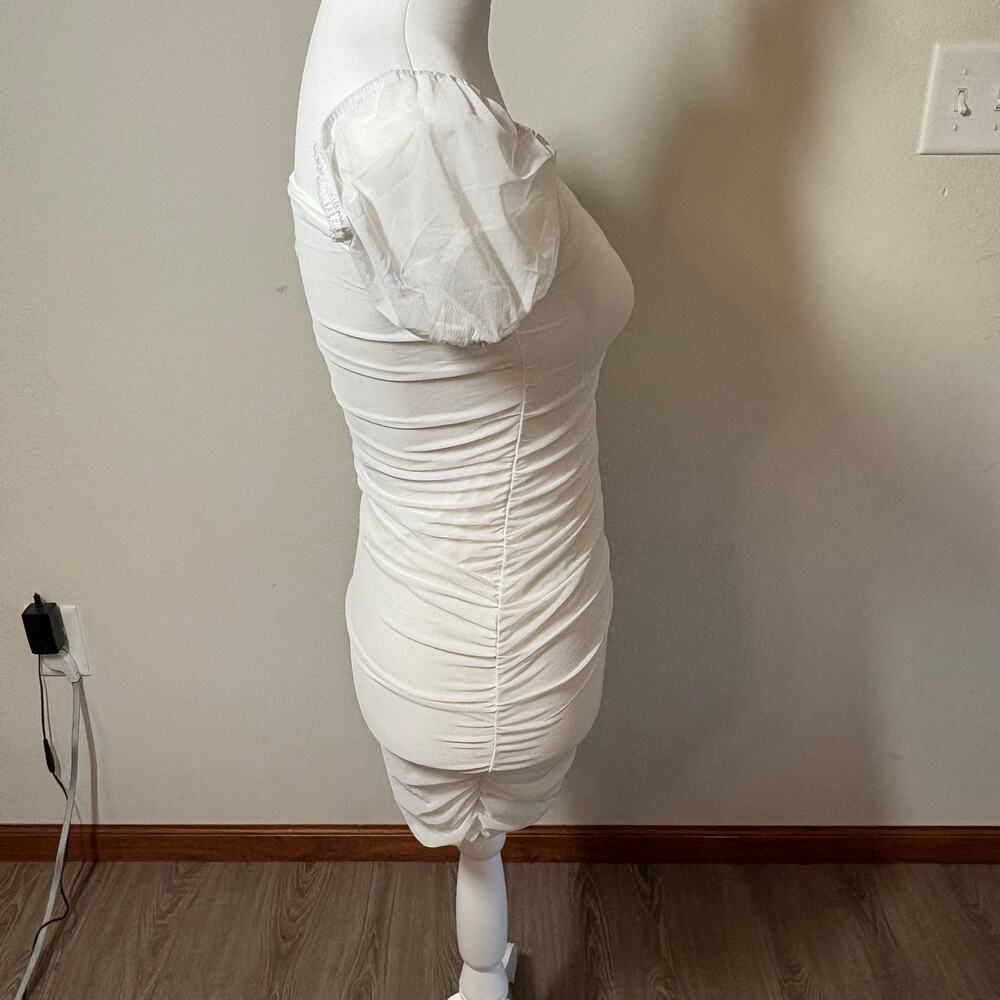 Princess Polly White Ruched Mesh Mini Dress Puff Sleeve Bodycon US 4 AU 8 Bridal - Picture 8 of 9